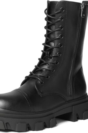 Women Combat Boots Lace up Mid Calf Boots Low Heel Chunky Platform Lug Sole Riding Boots