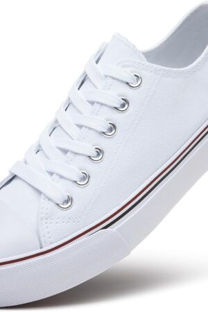 Women Low Top Canvas Shoes,Lace up Canvas Sneakers,Casual White Tennis Walking Shoes