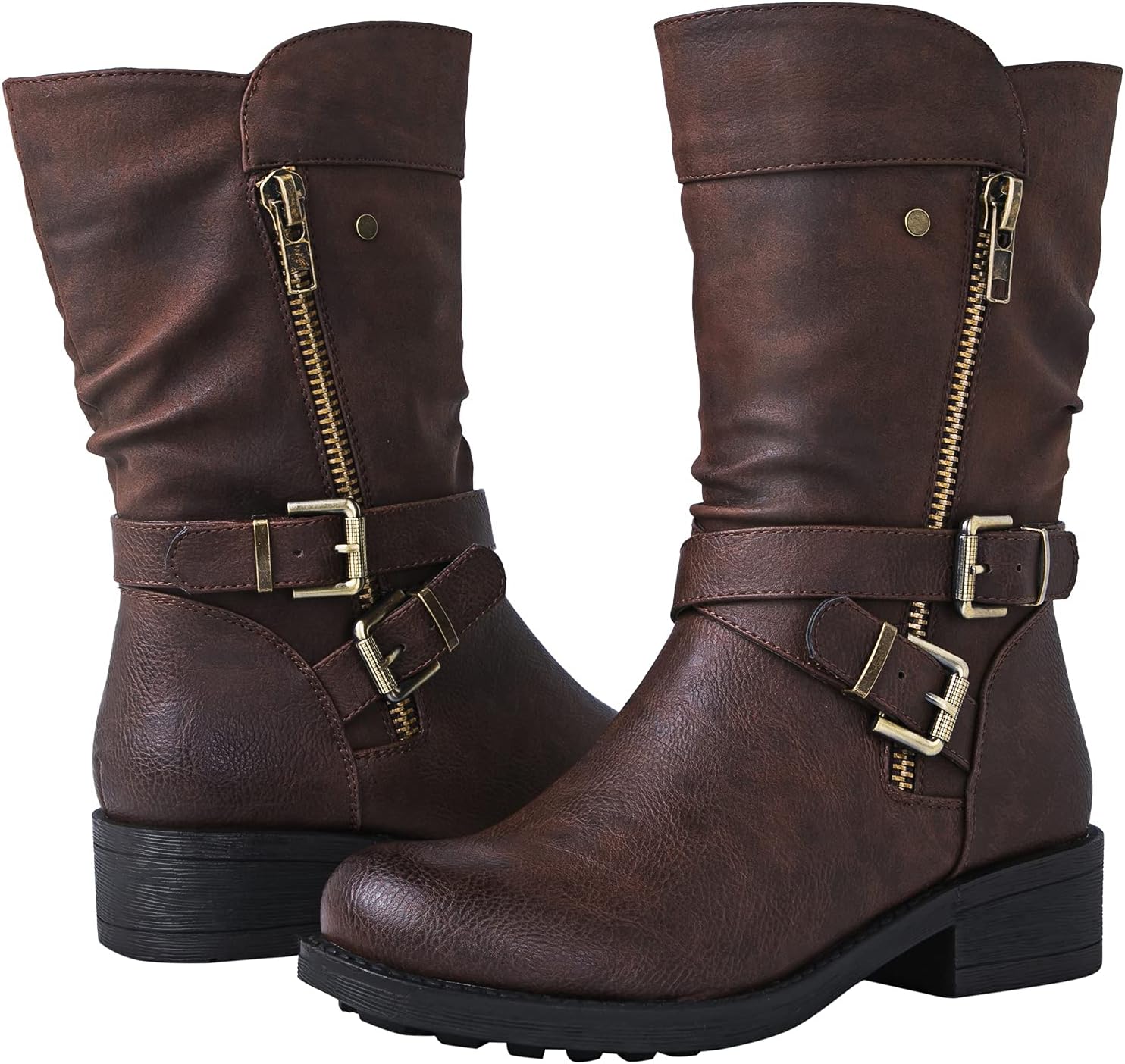 Women Fall Fashion Biker Boots Mid Calf Boots For Women Low Heel - Image 2