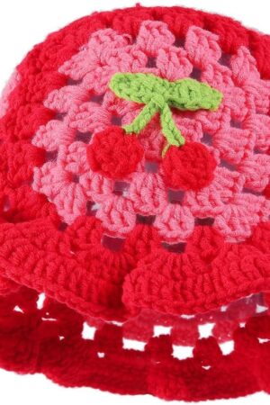 Crochet Bucket Hat for Women Handmade Floral Hat Portable Knitted Elastic Cute Beach Hat for Vacation Traveling