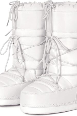 Women Winter Snow Boots Mid Calf Anti-Slip Boots with Warm Lining Lace-up Outdoor Shoes