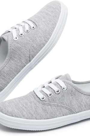 Women White Canvas Sneakers Low Top Lace-up Canvas Shoes Lightweight Casual Tennis Shoes