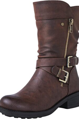 Women Fall Fashion Biker Boots Mid Calf Boots For Women Low Heel